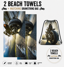 Load image into Gallery viewer, 2 x Beach Towels + Matching Drawstring Bag Adventure Motorcycle Road Print Set