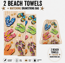 Load image into Gallery viewer, 2 x Beach Towels + Matching Drawstring Bag Colourful Flip Flops Tropical Print Set