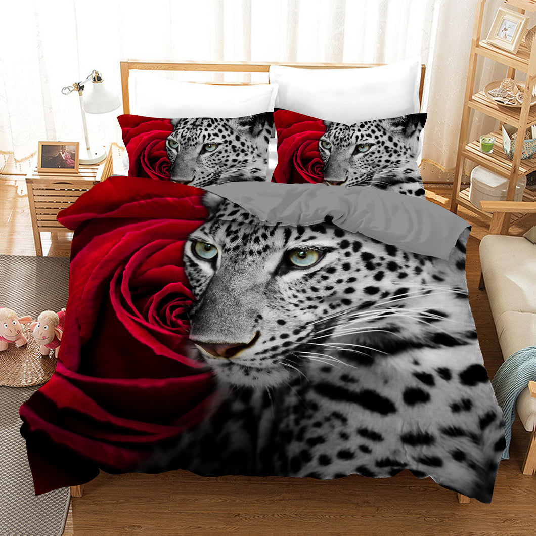 Leopard Romantic Rose Red Quilt Doona Duvet Cover Pillow Case Set