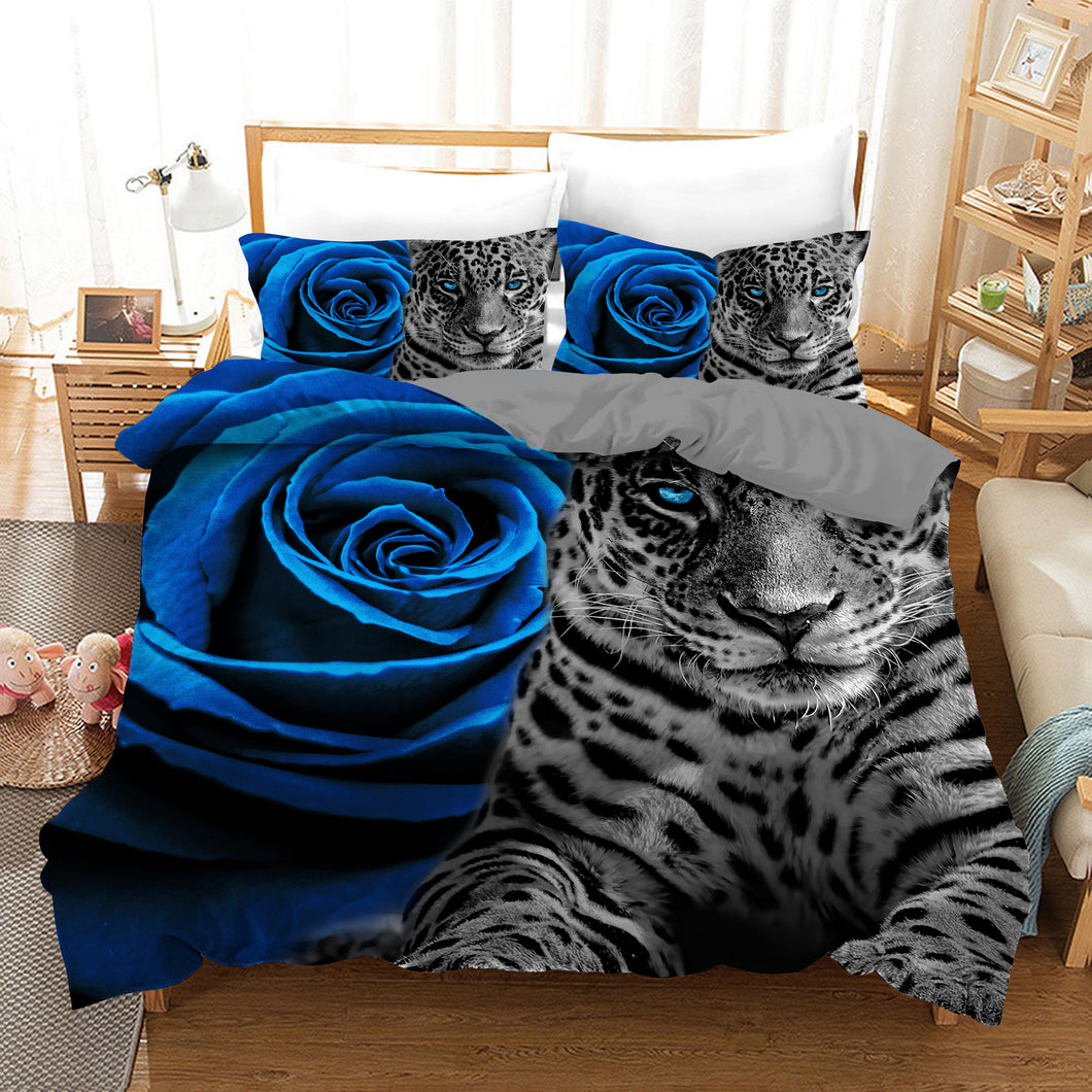 Leopard Romantic Rose Blue Quilt Doona Duvet Cover Pillow Case Set