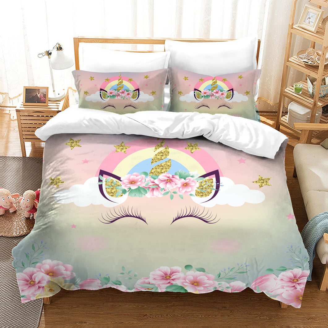 Happy Smiling Unicorn Quilt Doona Duvet Cover Pillow Case Set