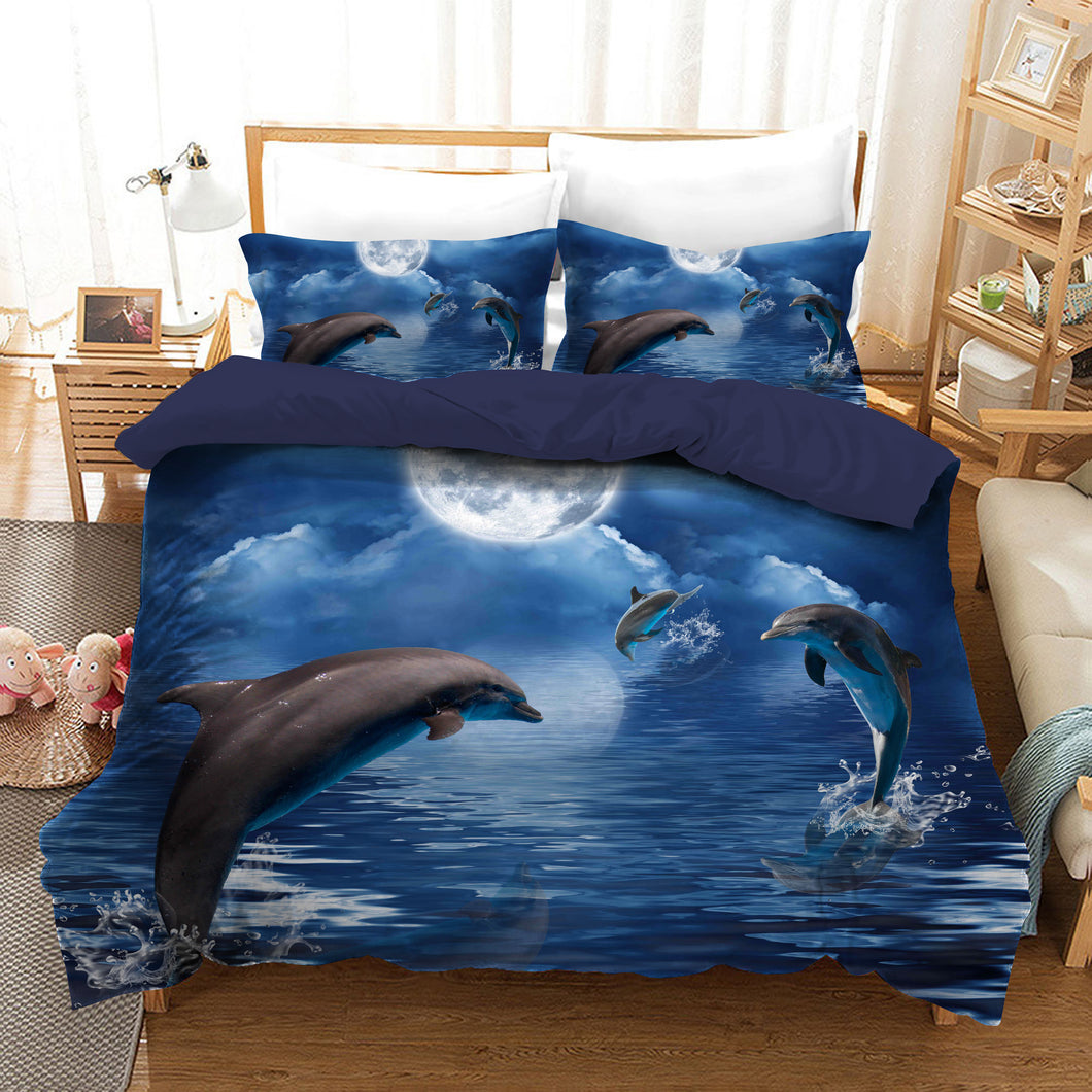 Blue Dolphin Quilt Doona Duvet Cover Pillow Case Set