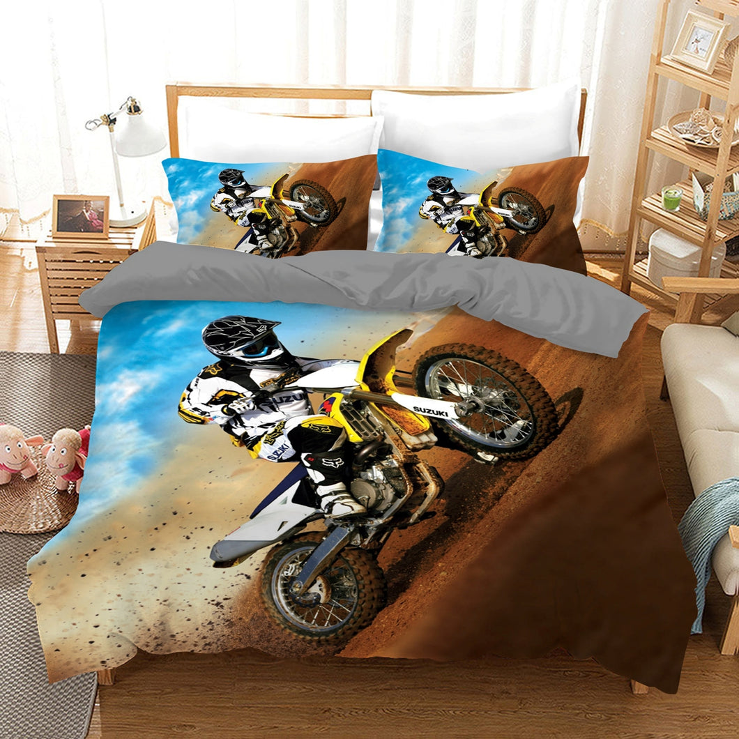 Yellow Dirt Bike Motorcycle Racing Quilt Doona Duvet Cover Pillow Case Set