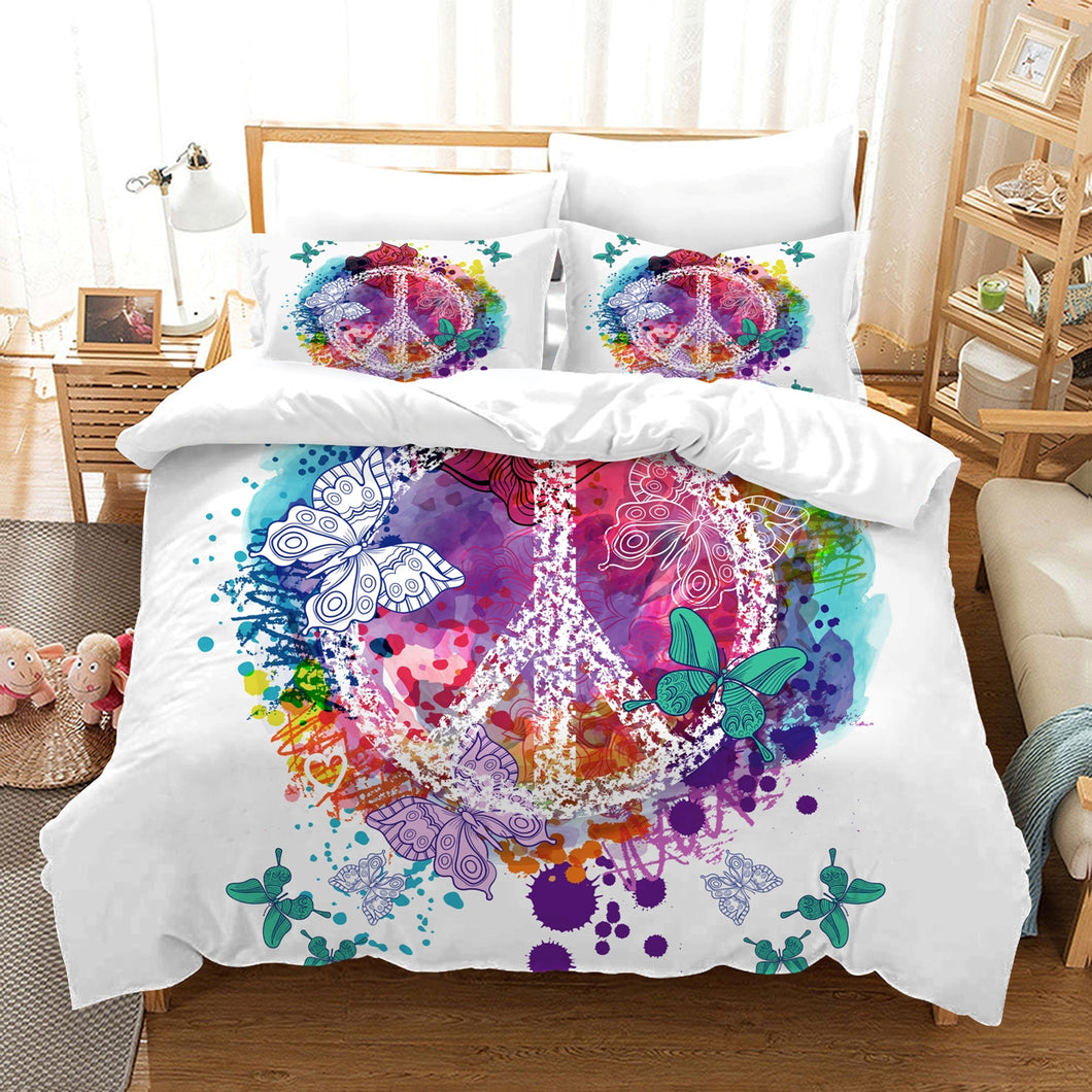 White Butterfly Peace Quilt Doona Duvet Cover Pillow Case Set