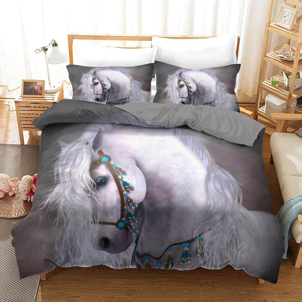 White Princess Horse Quilt Doona Duvet Cover Pillow Case Set