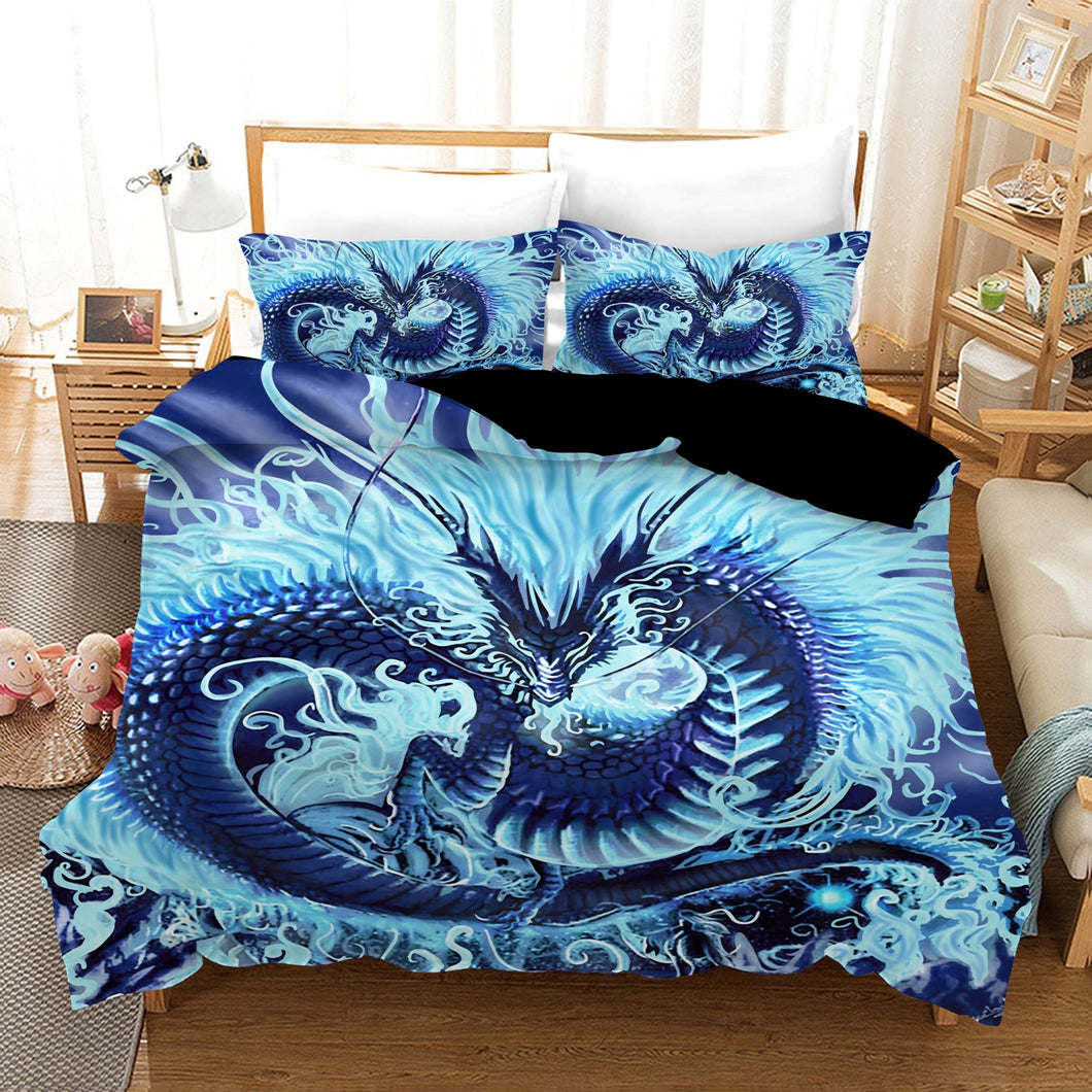 Blue Dragon Quilt Doona Duvet Cover Pillow Case Set