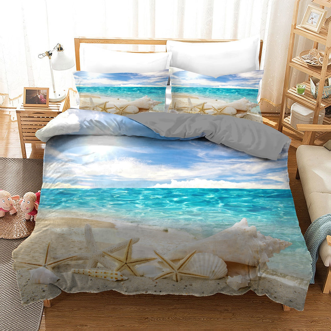Ocean Beach Sea Star and Shells Quilt Doona Duvet Cover Pillow Case Set