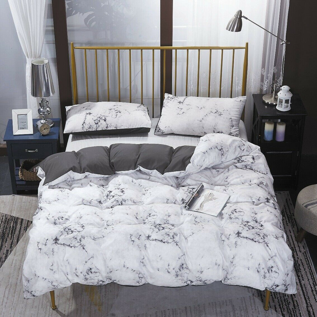 Grey White Marble Quilt Doona Duvet Cover Pillow Case Set