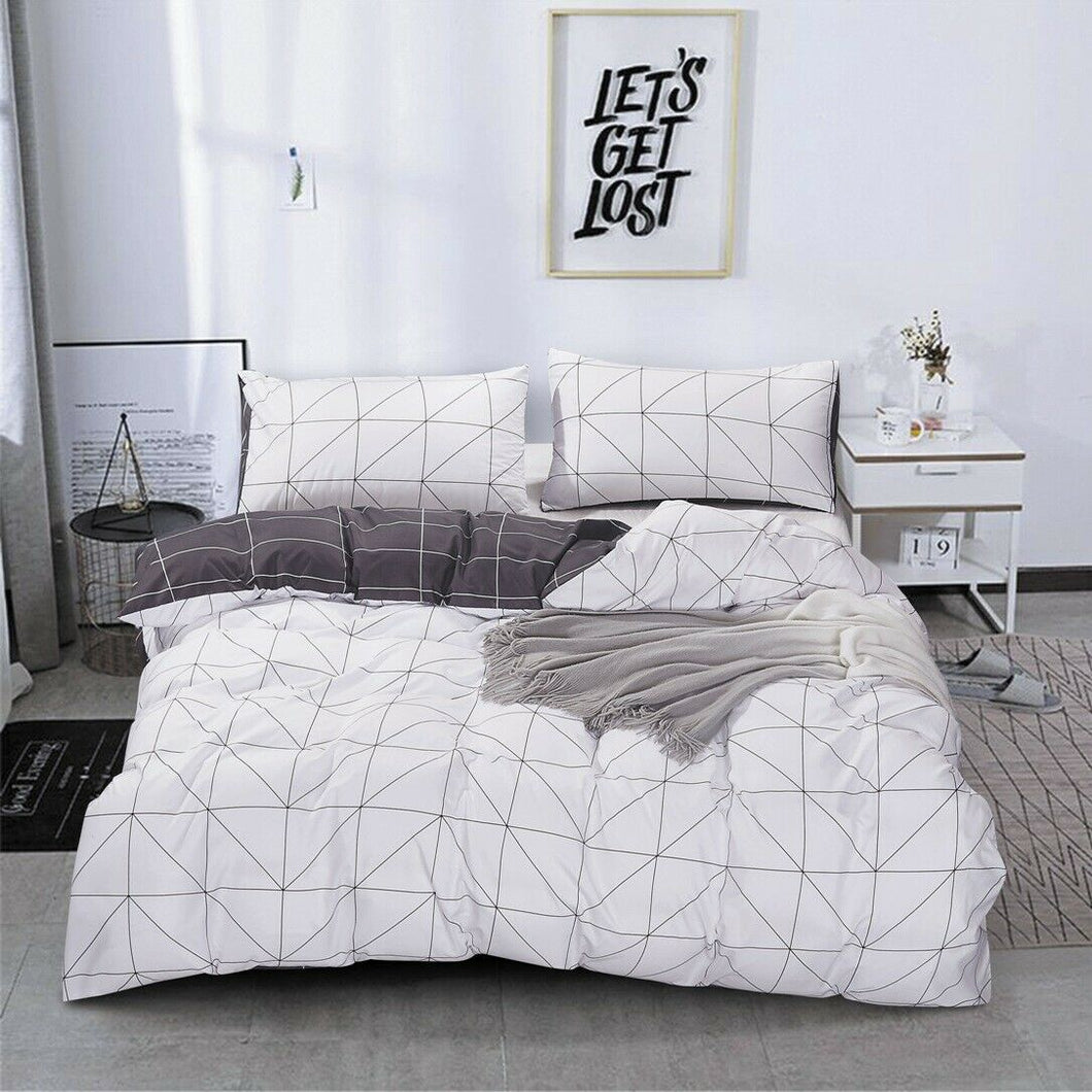 White Geometric Quilt Doona Duvet Cover Pillow Case Set