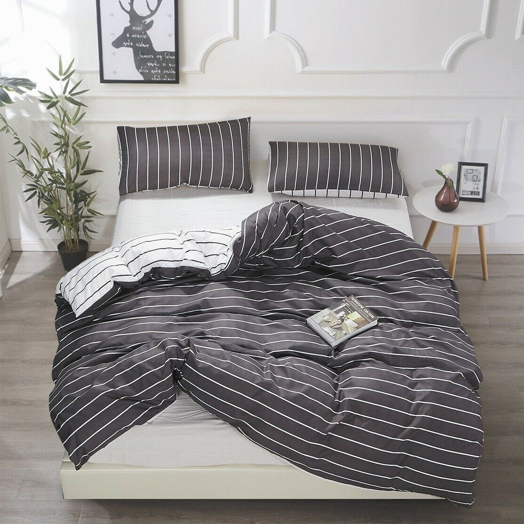 Grey White Stripe Quilt Doona Duvet Cover Pillow Case Set