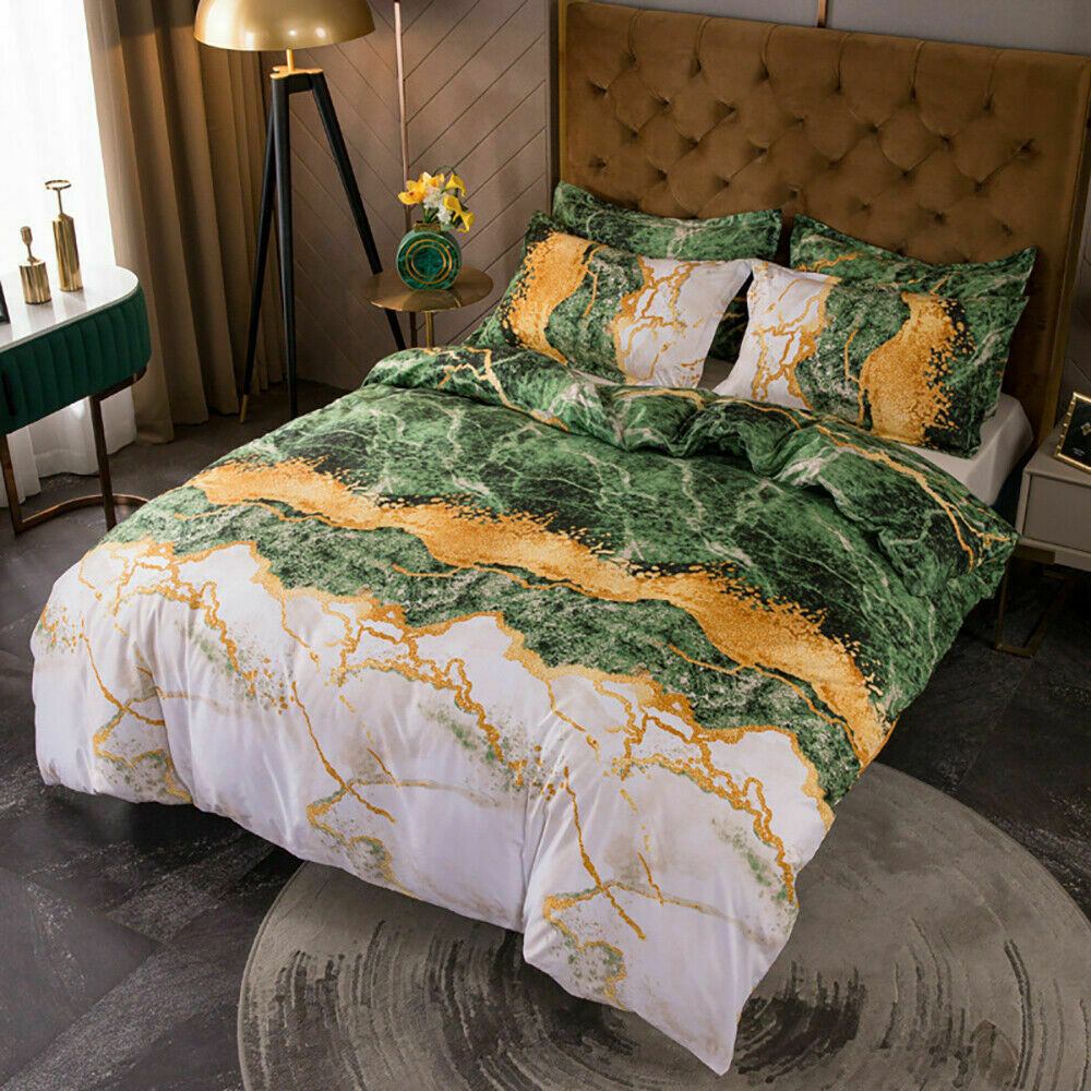 Gold Green Marble Quilt Doona Duvet Cover Pillow Case Set