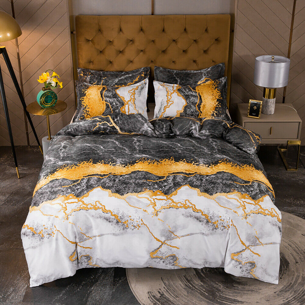 Gold Charcoal Marble Quilt Doona Duvet Cover Pillow Case Set