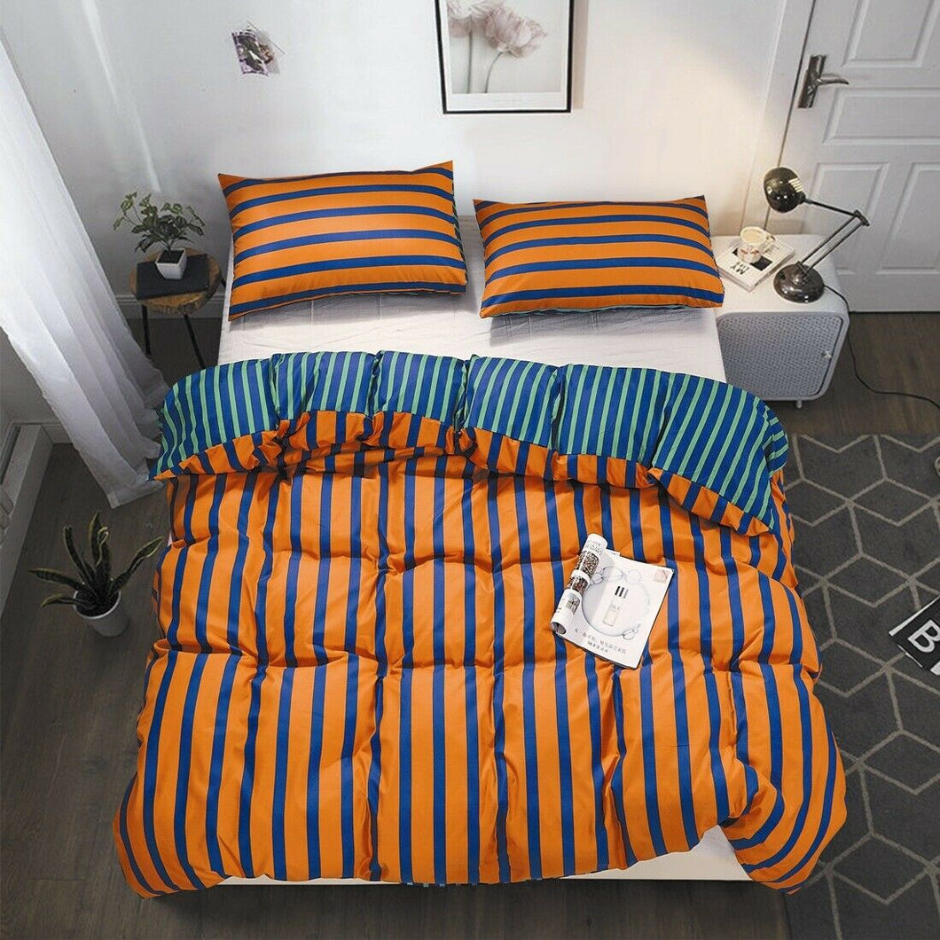 Orange Blue Stripe Quilt Doona Duvet Cover Pillow Case Set