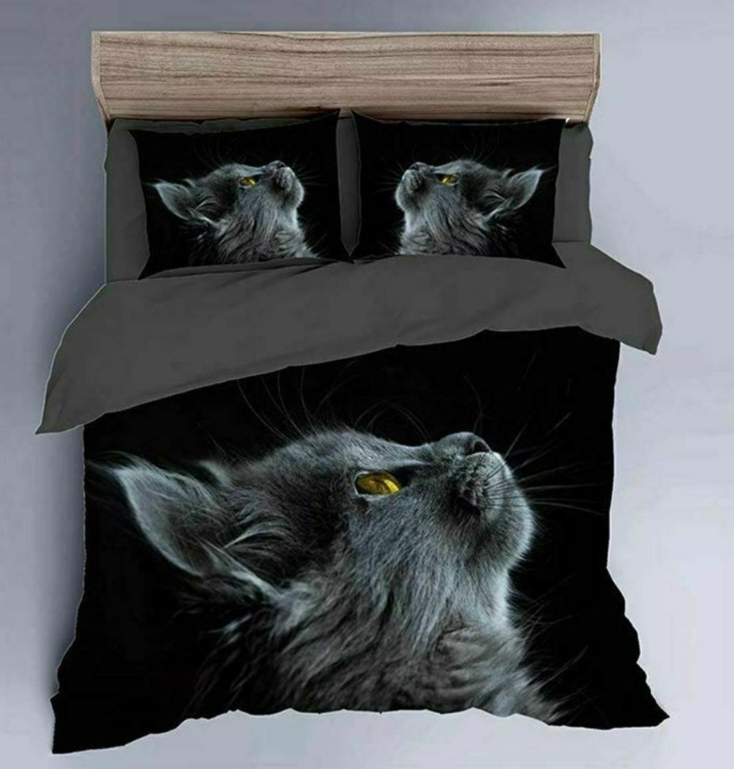 Grey Cat Looking Up Quilt Doona Duvet Cover Pillow Case Set