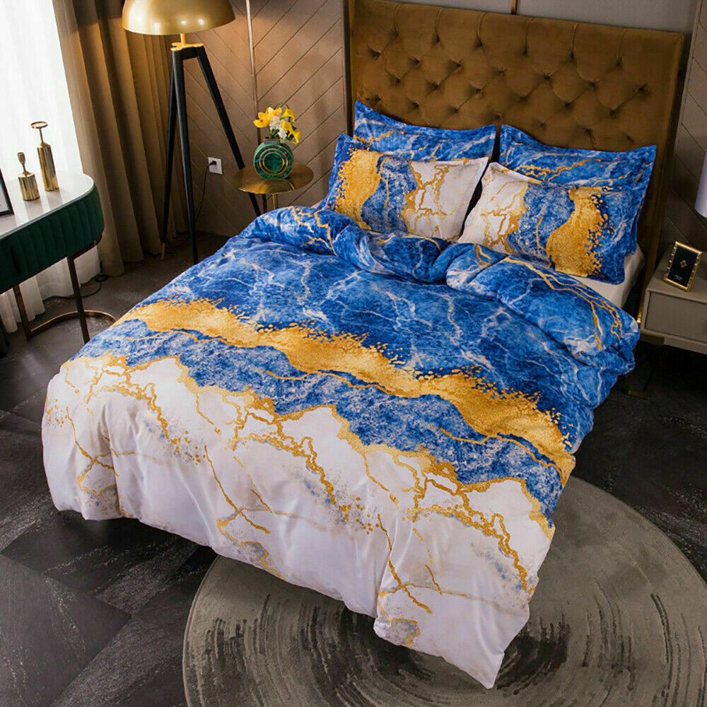 Gold Blue Marble Quilt Doona Duvet Cover Pillow Case Set