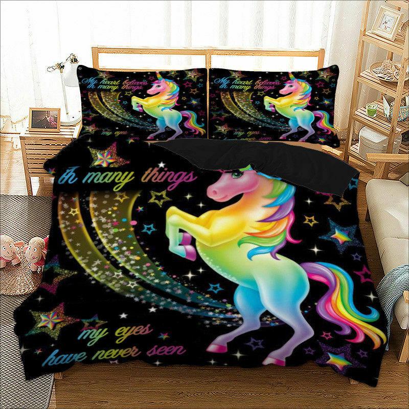 Black Rainbow Unicorn Quilt Doona Duvet Cover Pillow Case Set