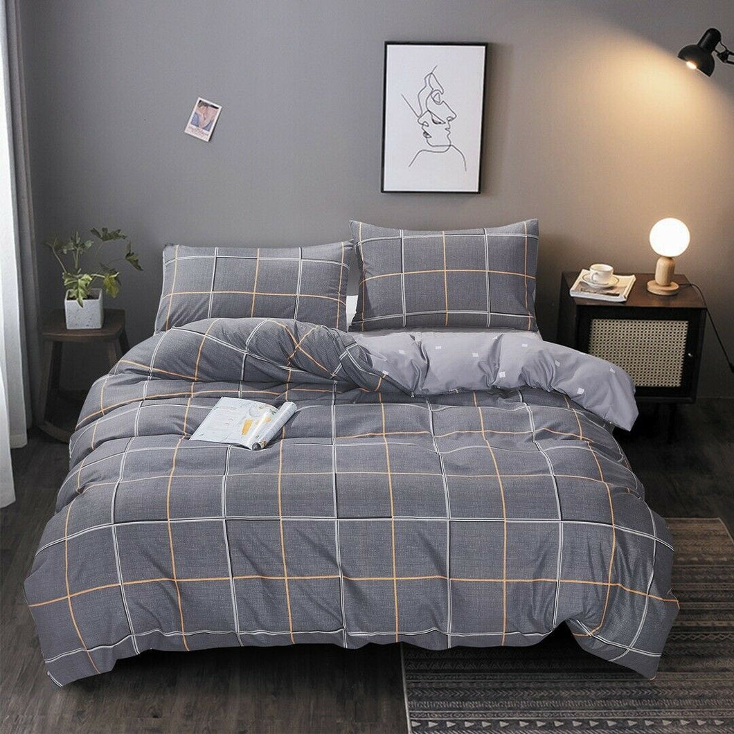 Grey Checked Quilt Doona Duvet Cover Pillow Case Set