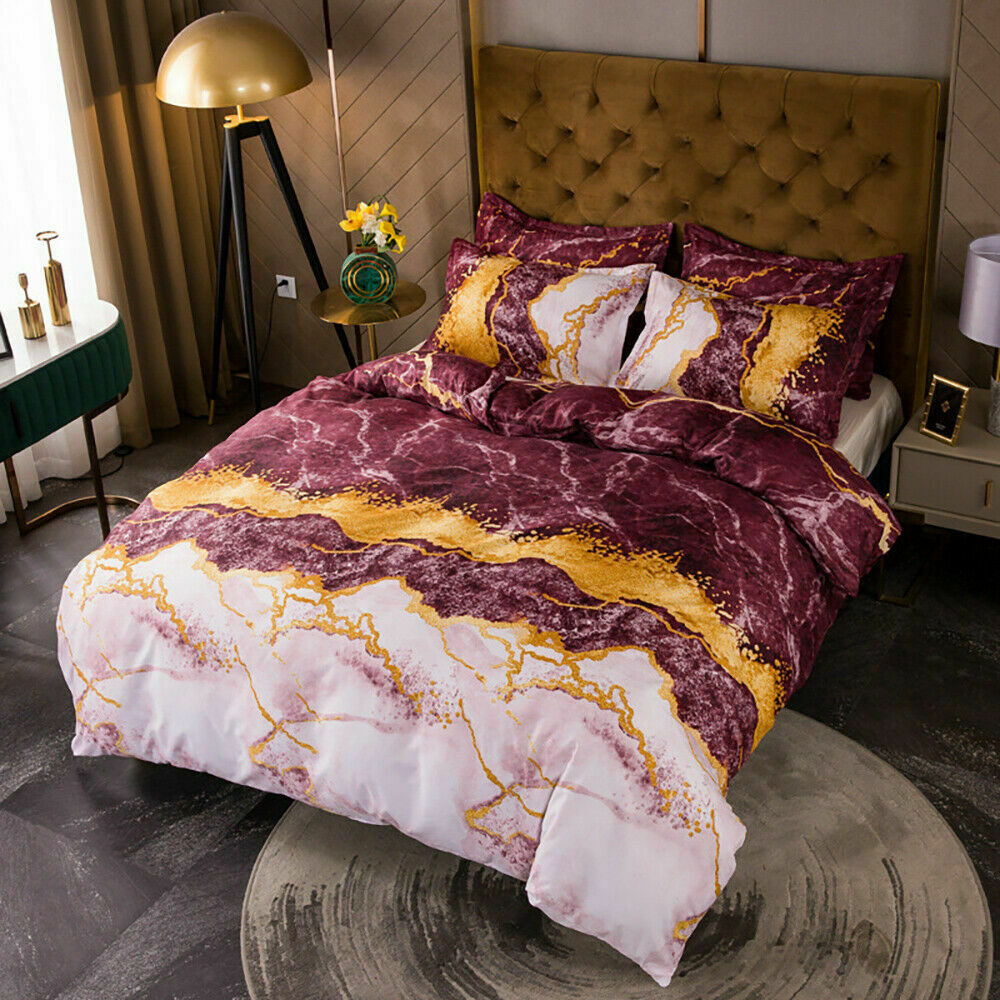 Gold Maroon Marble Quilt Doona Duvet Cover Pillow Case Set