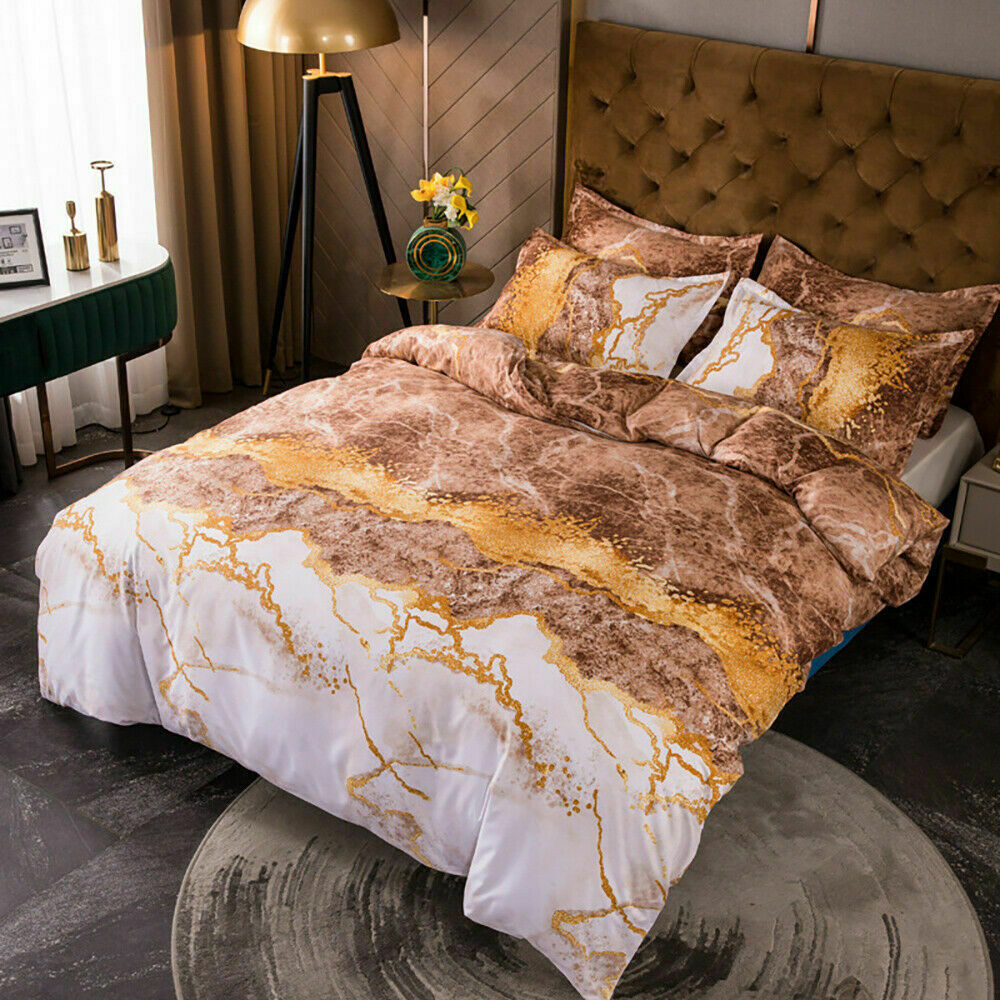 Gold Brown Marble Quilt Doona Duvet Cover Pillow Case Set